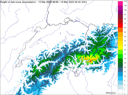 Accumuli di neve su 24 ore, entro questa mattina, 14 marzo 06:40 