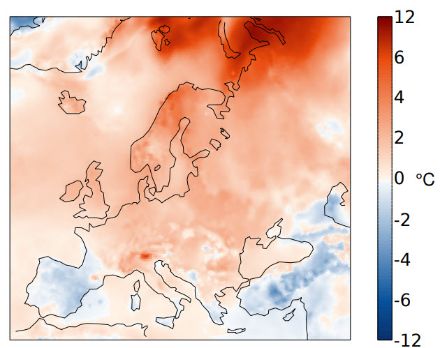 Carta delle temperature di febbraio 2023 in Europa.