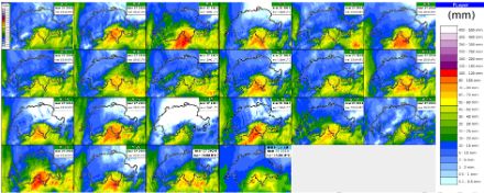 Figura 2: Previsione delle precipitazioni fra martedì alle ore 16 e mercoledì alle ore 16, vengono mostrati i membr del modello ICON 2E assieme al run di controllo e alla previsione del centro europeo (due pannelli in basso a destra. MeteoSvizzera.