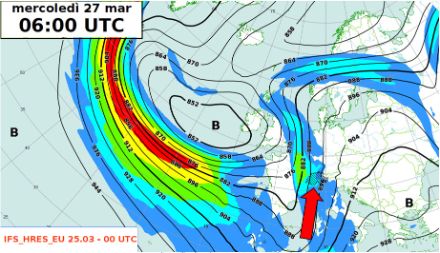 Figura 1: altezza geopotenziale alla 300 hPa (linee continue) e vento alla stessa quota (colori, dal blu al rosso corrisponde un aumento della velocità del vento) previsti dal modello europeo sull’Europa mercoledì 27 marzo alle ore 8. 