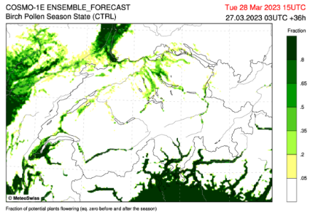 Fig. 1: Percentuale di betulle pronte a fiorire secondo il modello numerico di previsione pollinica del 28 marzo. Più scuro è il verde, più alta è la percentuale di betulle presenti pronte a fiorire. Il bianco indica che le betulle non sono ancora fiorite.