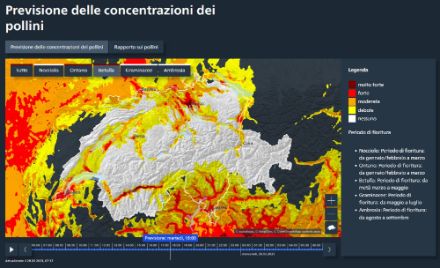 Fig. 2: Livello di polline di betulla modellizzato il 28 marzo. Colpisce l'alta concentrazione di pollini nelle valli alpine e nelle regioni dell'Altopiano. Le regioni montane di media e alta quota sono per ora in gran parte prive di pollini.