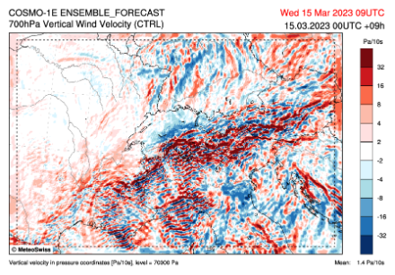 Fig. 6: Velocità verticali previste a 700 hPa (circa 3000 m) mercoledì alle 10 ora locale dal modello COSMO-1ctrl. In blu le aree ascensionali, in rosso quelle discensionali..