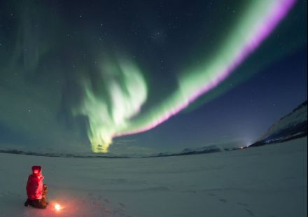 Aurora verde pallido tipica delle regioni polari. Quando è sufficientemente intensa, può comparire anche una frangia viola.