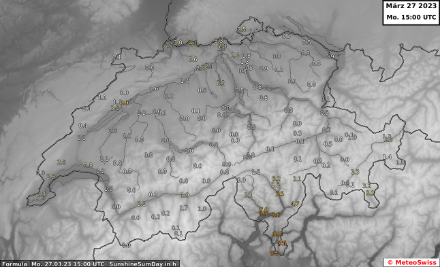 Durata del soleggiamento [h] in Svizzera oggi, 27 marzo 2023, fino alle 15 UTC. C'è stato molto sole solo nel Ticino meridionale.