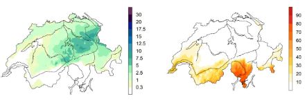 Immagine a sinistra: precipitazioni giornaliere mediane [mm] di tutte le situazioni depressionarie settentrionali in primavera nel periodo 1961-2010 (la metà dei 74 casi ha valori inferiori). Immagine a destra: durata relativa mediana del soleggiamento [%] di tutte le situazioni depressionarie settentrionali in primavera nel periodo 1981-2010 (la metà dei 48 casi presenta valori inferiori).