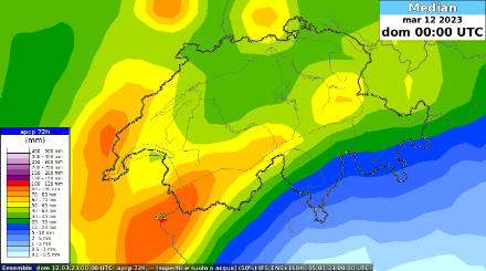 Previsioni delle precipitazioni su 72 ore secondo il modello ECMWF (modello europeo) per il periodo giovedì-sabato. Sono attese precipitazioni significative soprattutto nelle zone occidentali del Paese. Il versante sudalpino resterà più riparato, ma alcune precipitazioni sono probabili soprattutto in prossimità della cresta alpina. Si noti, tuttavia, che il modello europeo ha una risoluzione spaziale limitata e tende ad esagerare il trasporto di umidità oltre le Alpi.