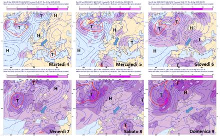 Evoluzione della distribuzione della pressione al suolo (linee nere) sull’Europa, come prevista dal modello IFS. La colorazione rappresenta la deviazione standard. Nelle regioni con colorazione più scura la distribuzione della pressione è più incerta. È inoltre ben visibile il netto aumento dell’incertezza a partire da giovedì. Fonte: IFS ECMWF