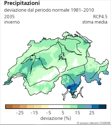 Fig. 2: Evoluzione prevista delle precipitazioni invernali nel 2035 (anni dal 2020 al 2050) in Svizzera secondo gli scenari climatici CH2018 per uno scenario intermedio di emissioni di gas serra (RCP4.5).
