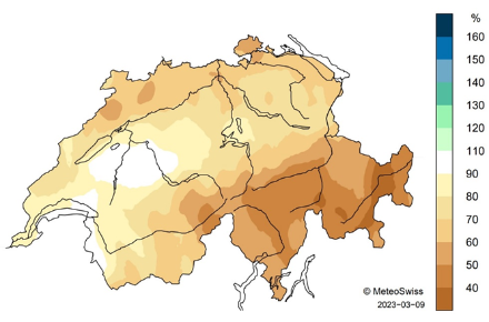 Figure 3. Répartition spatiale des sommes de précipitations pendant l’hiver 2022/23, représentée en % de la norme 1991‒2020.