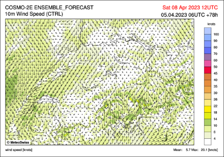 Fig. 3: Venti a 10 metri dal suolo, previsti dal modello COSMO-2E per sabato 8 aprile 12UTC.