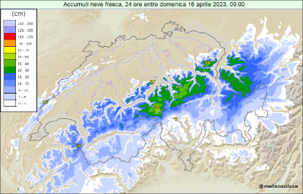 Fig. 3: Accumuli di neve in 24 ore, entro domenica 16.04.2023, 09:00
