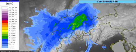 Fig. 2: Somma delle precipitazioni di 48 ore entro domenica 16.04.2023 14:00, elaborazione CombiPrecip.