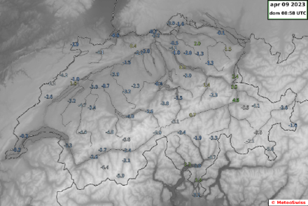Temperatura minima a 5 cm durante la scorsa notte: in praticamente tutte le zone di pianura in Svizzera si sono verificate delle gelate al suolo.
