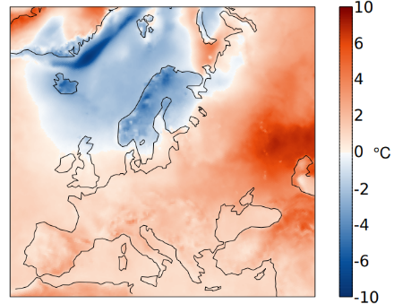 Fig. 1: Distribuzione della temperatura media del mese di marzo 2023 in Europa, rappresentata come anomalia rispetto alla norma 1991-2020.  Fonte: Copernicus/ECMWF