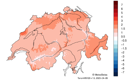 Fig. 6: Distribuzione spaziale della temperatura media del mese di marzo in Svizzera, rappresentata come anomalia rispetto alla norma 1991-2020. Fonte: MeteoSvizzera.