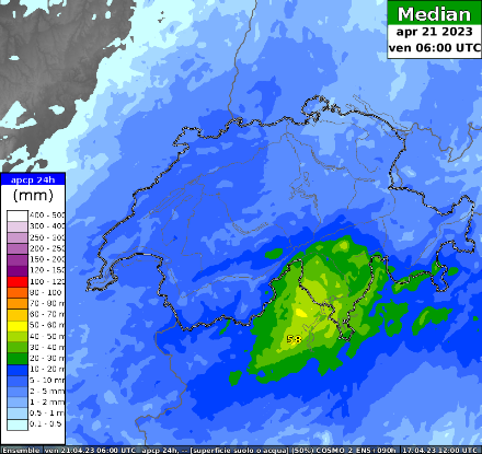 Mediana delle precipitazioni del modello COSMO2, corsa del 17.4.2023 ore 12 UTC. Accumuli previsti sulle 24 ore, da giovedì mattina a venerdì mattina alle ore 6 UTC (8 ora locale).