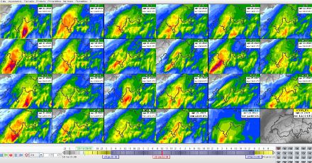 Fig. 3: le 21 simulazioni del modello COSMO-2E con le precipitazioni in 24 ore fino a venerdì alle 12 UTC, la loro mediana e il modello ad alta risoluzione IFS. È evidente l’incertezza nella localizzazione precisa delle precipitazioni più intense, indizio di una componente convettiva.