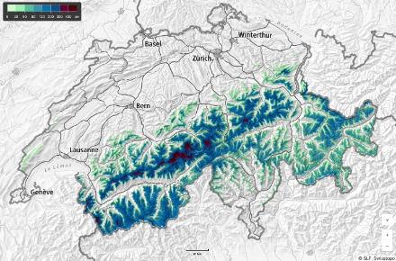 Fig. 2: altezza attuale della neve sulle Alpi svizzere: nelle Alpi vallesane e l’Oberland bernese il manto nevoso ad alta quota supera localmente i 3 metri, mentre spicca la scarsità di neve sulle montagne ticinesi.