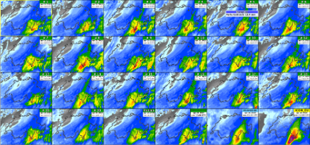 Fig. 3: accumuli sulle 24 ore sul periodo di allerta (giovedì 12 – venerdì 12) secondo i 21 membri del modello d’insieme COSMO-2E (più la mediana), del modello IFS-ECMWF e di ICON.