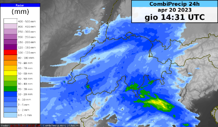 Fig. 1: CombiPrecip combina le misure radar con quelle dei pluviometri. La figura mostra l’accumulo delle precipitazioni sulle 24 ore fino alle 14:30 UTC di oggi (16:30 ora locale). Questo include anche i temporali che si sono sviluppati mercoledì sera sul Ticino meridionale.