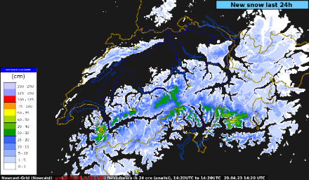 Fig. 2: il sistema INCA, combinando le misure del radar con i modelli numerici, stima gli accumuli di neve, sempre sulle ultime 24 ore.