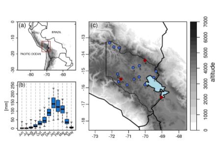 Figura 1: Ubicazione dell'area di studio del progetto Climandes nelle Ande peruviane meridionali (a) e distribuzione delle precipitazioni medie da giugno a maggio nell'area di studio (b), sulla base delle stazioni della sottofigura (c). L'area colorata in blu mostra il lago Titicaca. I dati delle stazioni contrassegnate in rosso saranno analizzati più dettagliatamente nella pubblicazione. 
