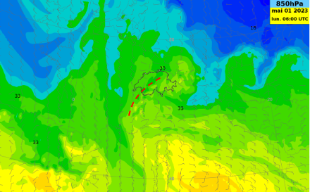 Fig. 2: Temperature potenziali a 850 hPa (circa 1500 m) lunedì alle 06 UTC. Il colore giallo-verde chiaro rappresenta l'aria di origine mediterranea; il colore blu-verde scuro rappresenta l'aria di origine atlantica. La zona di convergenza è indicata con la linea tratteggiata rossa. Fonte: NinJo@MeteoSvizzera
