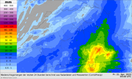 Fig. 5: accumulo delle precipitazioni stimato dal radar sulle 24 ore comprese tra le ore 11 di giovedì 20 e venerdì 21 aprile 2023.