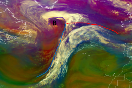 Fig. 2: Depressione alle medie latitudini (ciclone extratropicale) nell'Atlantico settentrionale. Il centro a sud della Groenlandia è contrassegnato da una B, la linea viola rappresenta il fronte occluso, quella blu il fronte freddo e quella rossa il fronte caldo.