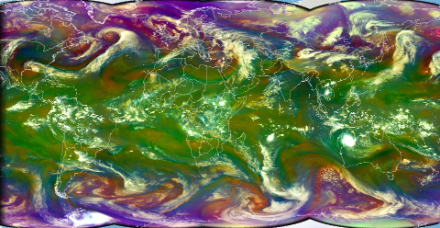 Fig. 1: Immagine satellitare del 13 aprile 2023, composito dei satelliti geostazionari Meteosat 0 Degree, Meteosat IODC, GOES-16, GOES-17 e Himawari-8. Vengono utilizzati solo i canali infrarossi, quindi questo prodotto è disponibile sia di giorno che di notte. 