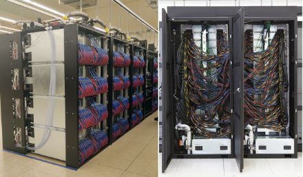 Figura 3: a sinistra il retro di un supercomputer; a destra l'interno di due cabinets con relativi cavi di interconnessione .