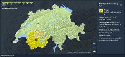 Carta dei pericoli sul sito di MeteoSvizzera - attualizzata il 30.4.2023 alle ore 15.11. In giallo la zona in cui è attiva un'allerta di livello 2 per forti piogge da oggi, 30.4.2023 alle ore 15.00 fino a domani, 1. maggio alle 18.00. 