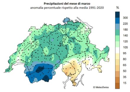 Fig. 2: Anomalia percentuale del totale delle precipitazioni del mese di marzo 2023 rispetto alla norma 1991-2020. Fonte: MeteoSvizzera.