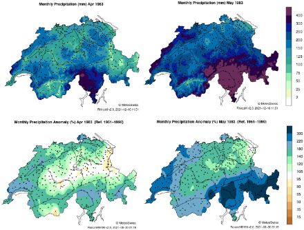 Mappa dei totali delle precipitazioni in aprile e maggio e differenze rispetto alla media 1961-1990.