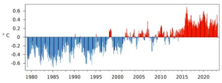 Fig. 2: Temperatura mensile globale da gennaio 1979 ad aprile 2022, mostrata come deviazione dalla media 1991-2020. Le barre nere indicano i mesi di aprile. 