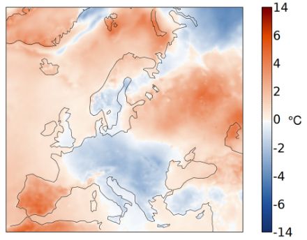 Fig. 3: Distribuzione spaziale della temperatura di aprile 2023 in Europa come deviazione dalla media 1991-2020 in °C.