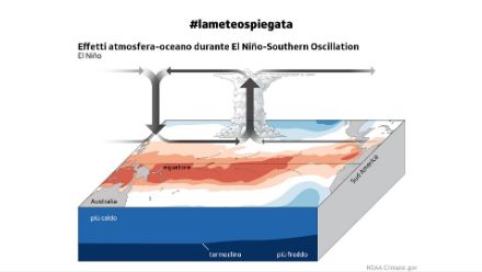 Fig. 3. Le condizioni atmosfera-oceano durante la fase di El Niño , con il fenomeno di Upwelling che viene praticamente annullato. Fonte: RSINews-NOAA Climate.