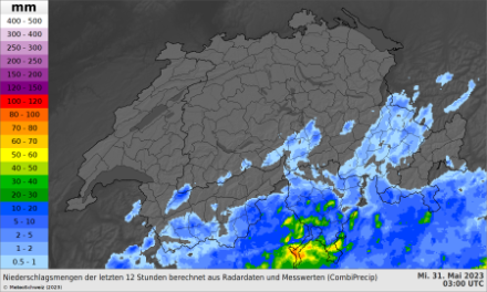 Fig. 1: accumulo della precipitazione tra le 17:00 di martedì 30 e le 05:00 di mercoledì 31 maggio 2023 (ora locale). 