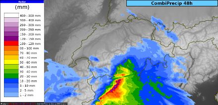 Fig. 1: Accumuli registrati nelle ultime 48 ore, entro domenica mattina. 
