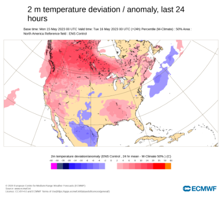 Fig. 1: Anomalia della temperatura lunedì 15 maggio 2023. I colori rappresentano la deviazione dalla norma stagionale (rosso più caldo della norma e blu più freddo della norma).