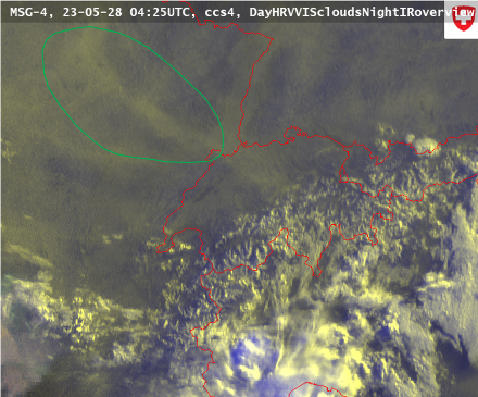 Fig. 4: immagine satellitare visibile del 28 maggio 2023 alle 04:25 UTC. L'area verde mostra quella che potrebbe essere una traccia delle particelle emesse dagli incendi boschivi in Canada.