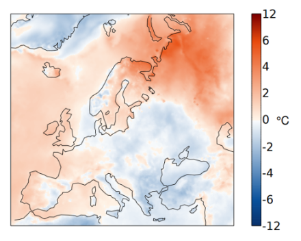 Fig. 2: Temperatura media del mese di maggio 2023 in Europa, rappresentata come anomalia rispetto alla norma 1991-2020. Fonte: Copernicus Climate Change Service / ECMWF.