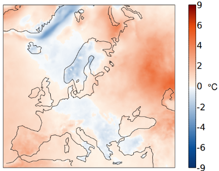 Fig. 4: Temperatura media della primavera 2023 in Europa, rappresentata come anomalia rispetto alla norma 1991-2020. Fonte: Copernicus Climate Change Service / ECMWF.