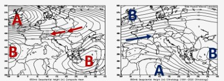 Fig. 1: a sinistra: distribuzione media del geopotenziale dal 25 maggio all’11 giugno 2023. A destra: distribuzione della pressione per lo stesso periodo mediata dal 1991 al 2020, con alta pressione sul Mediterraneo e correnti occidentali sulle Alpi.