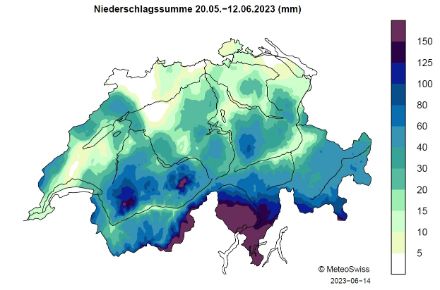 Fig. 3: Precipitazioni cumulate registrate in Svizzera dal 25 maggio al 12 giugno 2023 