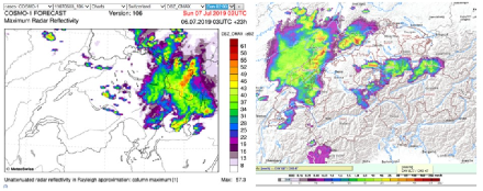 A sinistra: previsione di precipitazione COSMO-1 per il 7 luglio 2019 alle 02 UTC (output del modello del 6 luglio alle 3 UTC); a destra: immagine radar per il 7 luglio alle 02 UTC. A destra sopra il quadrante nord-occidentale della Svizzera si nota una linea di temporali che non è presente nelle previsioni di COSMO-1 a sinistra; si tratta probabilmente della linea prevista in anticipo dal modello e che era prevista completando il suo transito sulla Svizzera orientale. Fonte: MeteoSvizzera