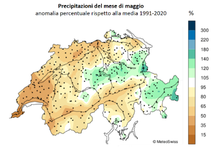 Figura 3: Mappa del totale delle precipitazioni del mese di maggio 2023 in Svizzera, rappresentato come percentuale della norma 1991-2020.
