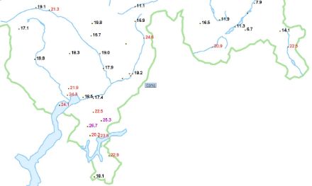 Temperature minime registrate nella notte tra il 27 e il 28 giugno 2019.