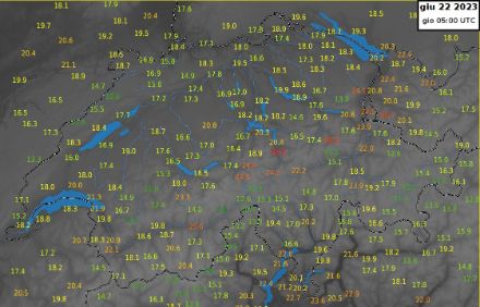 Temperature misurate in Svizzera alle ore 7 locali di giovedì 22 giugno.
